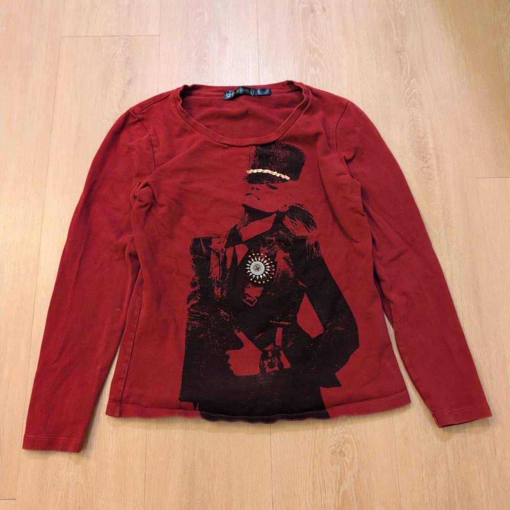 Y2K Abbey Dawn Type Women XS Military Rhinestone Graphic Long Sleeve Shirt